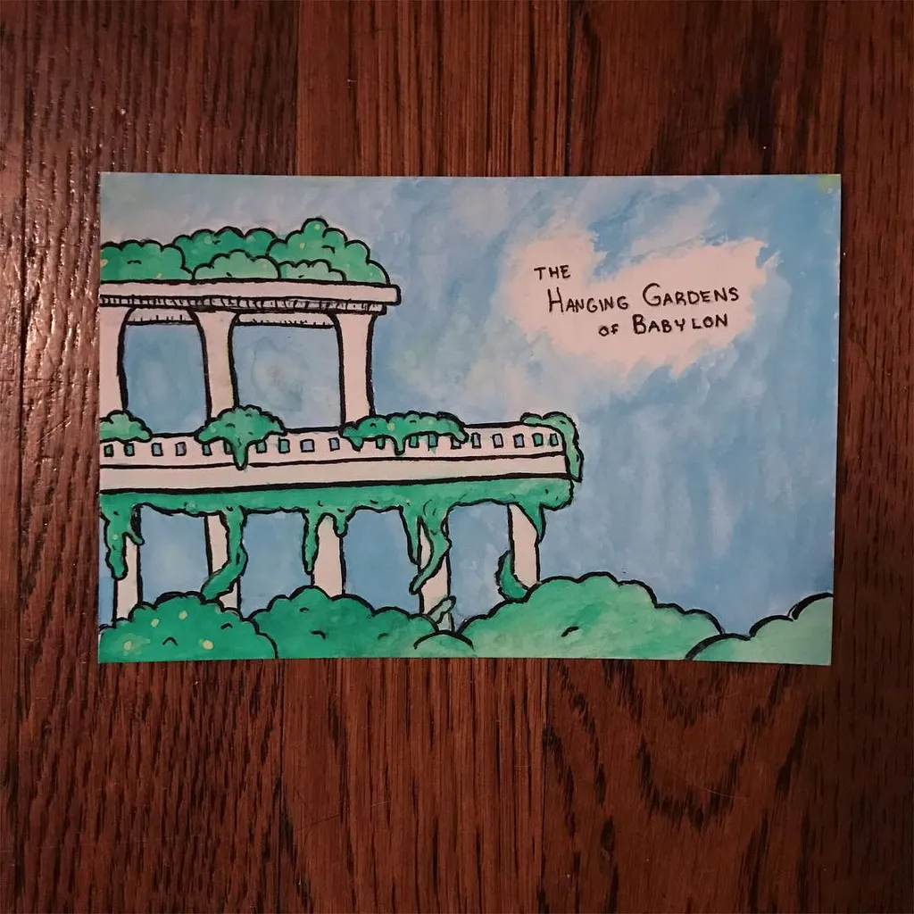 A stylized drawing of the Hanging Gardens of Babylon, featuring a multi-level structure supported by columns, lush green foliage, and blue sky background.