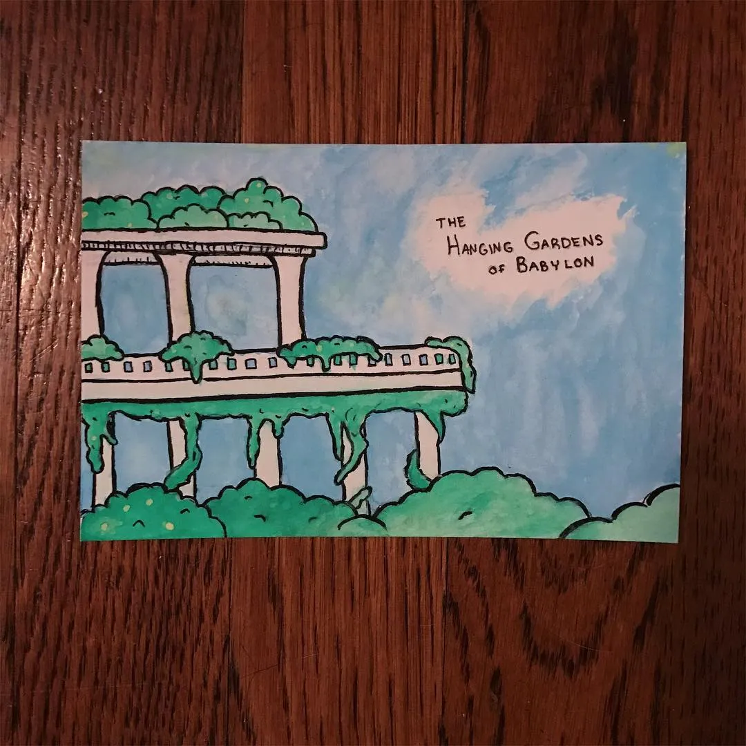 A stylized drawing of the Hanging Gardens of Babylon, featuring a multi-level structure supported by columns, lush green foliage, and blue sky background.
