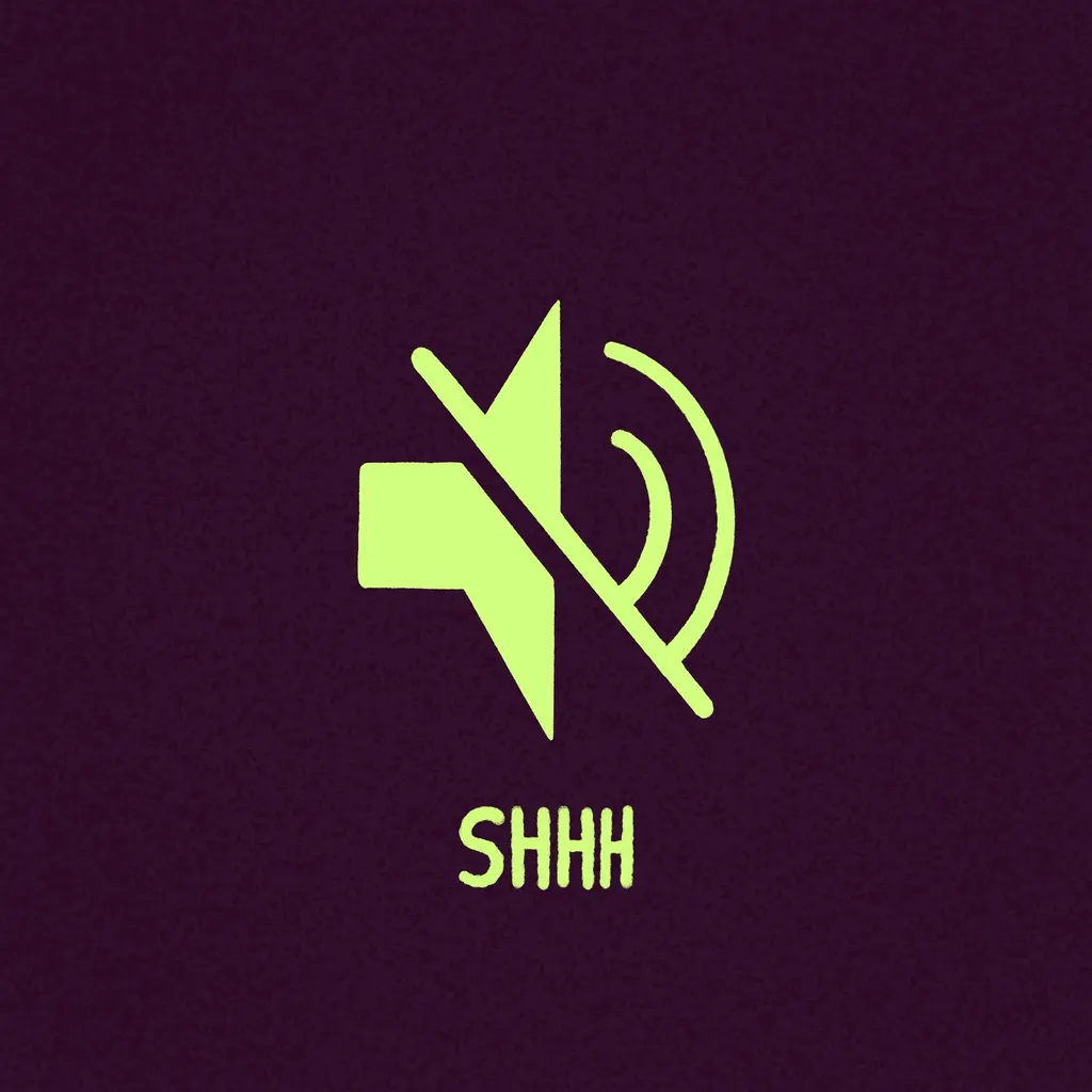 A lime green graphic featuring an angular shape and sound waves crossing it, positioned above the text SHHH, all set against a dark purple background.