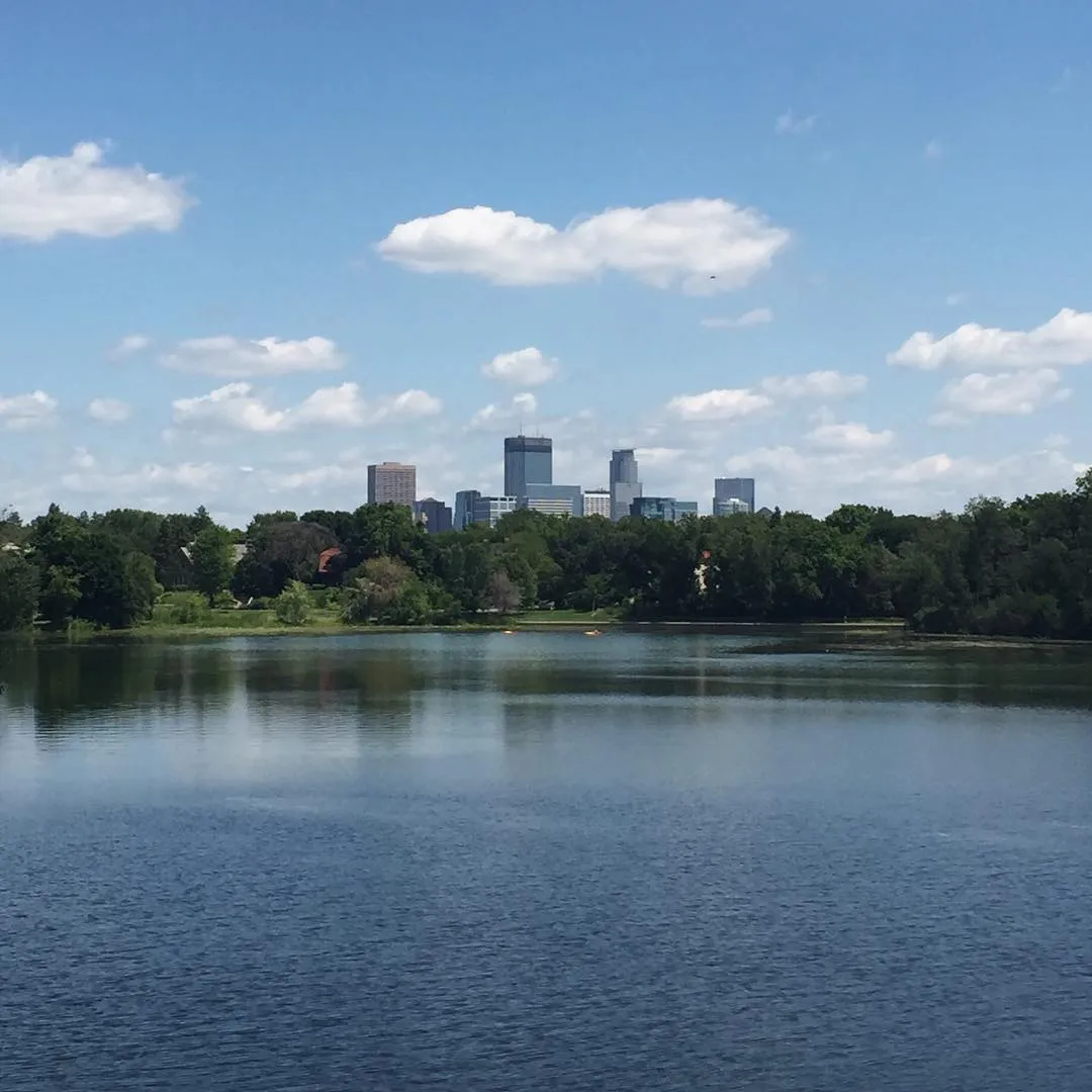 Calm blue water fills the foreground, meeting a dense green treeline that separates the water from a distant skyline of buildings under a bright blue, cloudy sky.