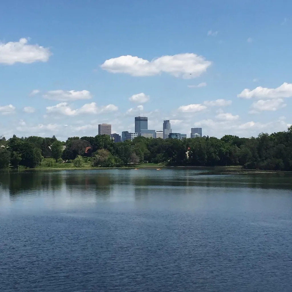 Calm blue water fills the foreground, meeting a dense green treeline that separates the water from a distant skyline of buildings under a bright blue, cloudy sky.