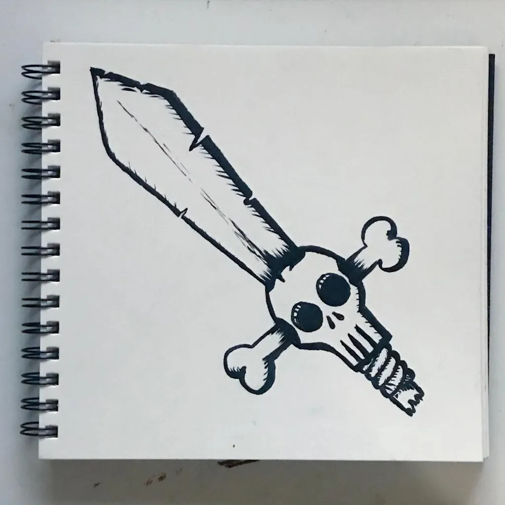 A black and white drawing of a large knife blade attached to a skull, positioned diagonally across the page.
