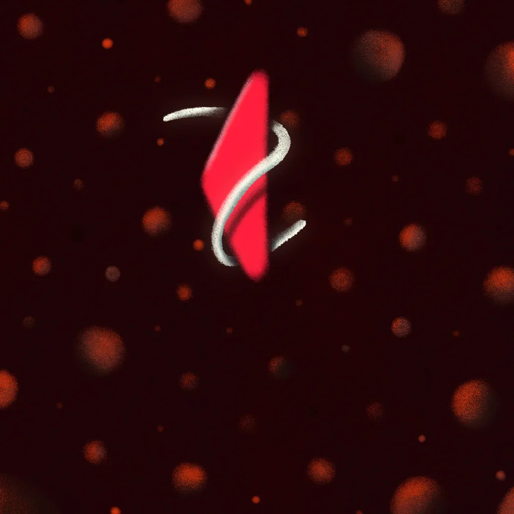 A bright red, vertical, abstract form is centered against a dark red background speckled with soft orange lights, traced by a white, sinuous line.