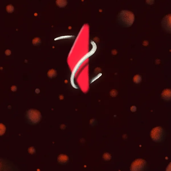 A bright red, vertical, abstract form is centered against a dark red background speckled with soft orange lights, traced by a white, sinuous line.