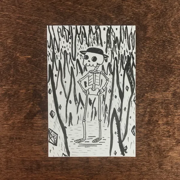 A black ink drawing features a stylized skeleton figure wearing a hat, centered in a composition dominated by tall, jagged, vertical black lines suggesting a dense, abstract forest.