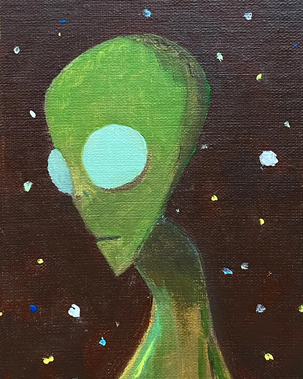 A stylized green alien with large pale eyes and a curved neck is painted against a dark brown background covered in scattered white and gold specks.