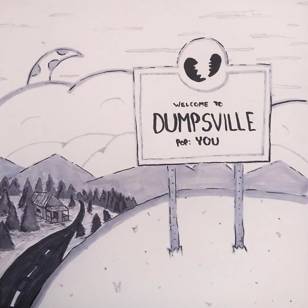 A black and white illustration features a large welcome sign for DUMPSVILLE centered in the foreground, with a winding road leading past mountains and trees under a stylized sky.