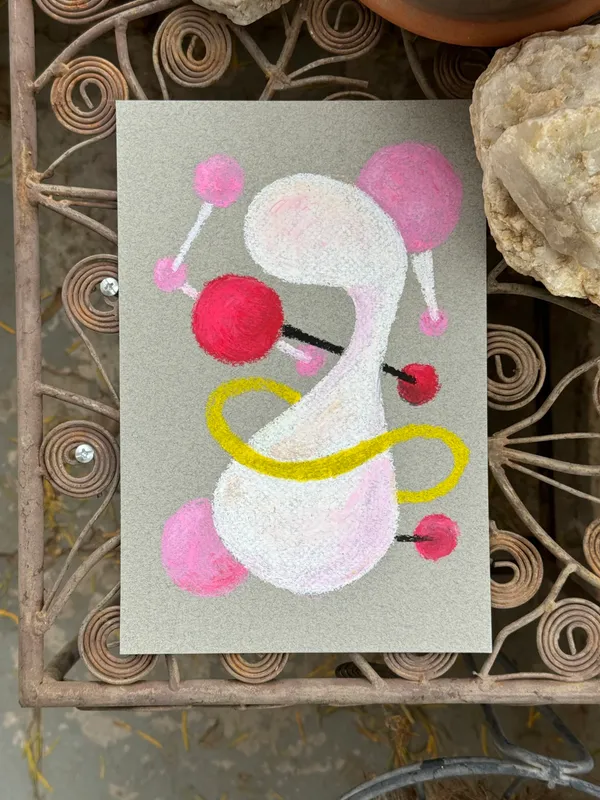A stylized white and pink bird figure, composed of rounded shapes and accented with red and pink circles, is painted on a light gray square background, connected by yellow and dark lines.