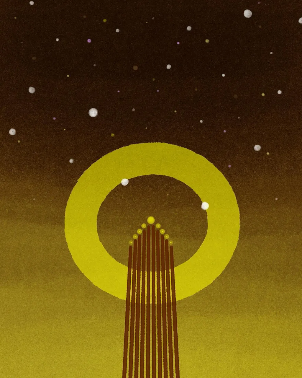 A vertical composition featuring a stylized skyscraper centered below a large yellow circle, set against a dark brown and gold gradient background speckled with white dots.