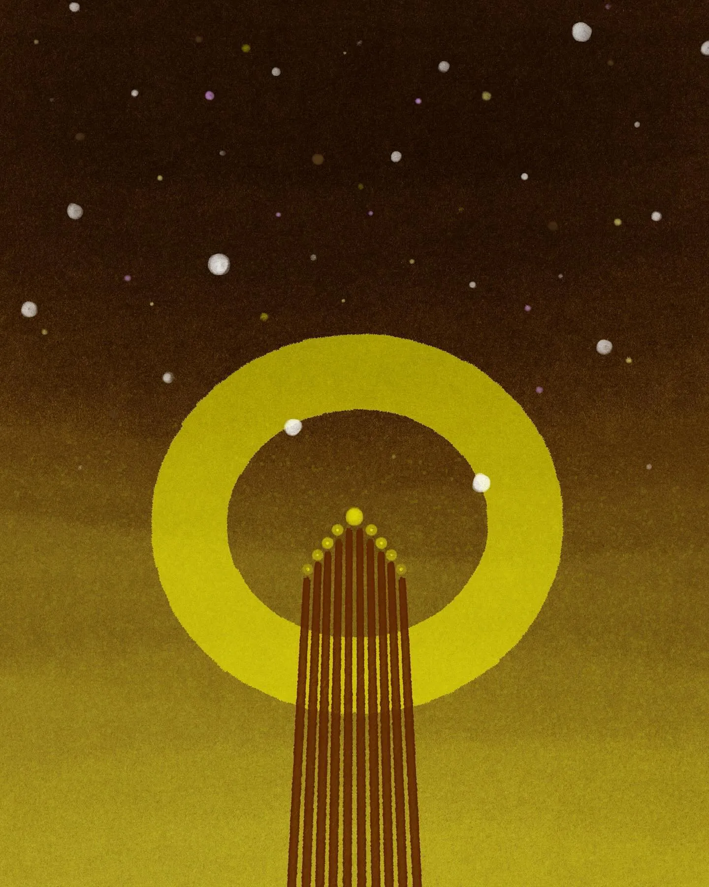 A vertical composition featuring a stylized skyscraper centered below a large yellow circle, set against a dark brown and gold gradient background speckled with white dots.