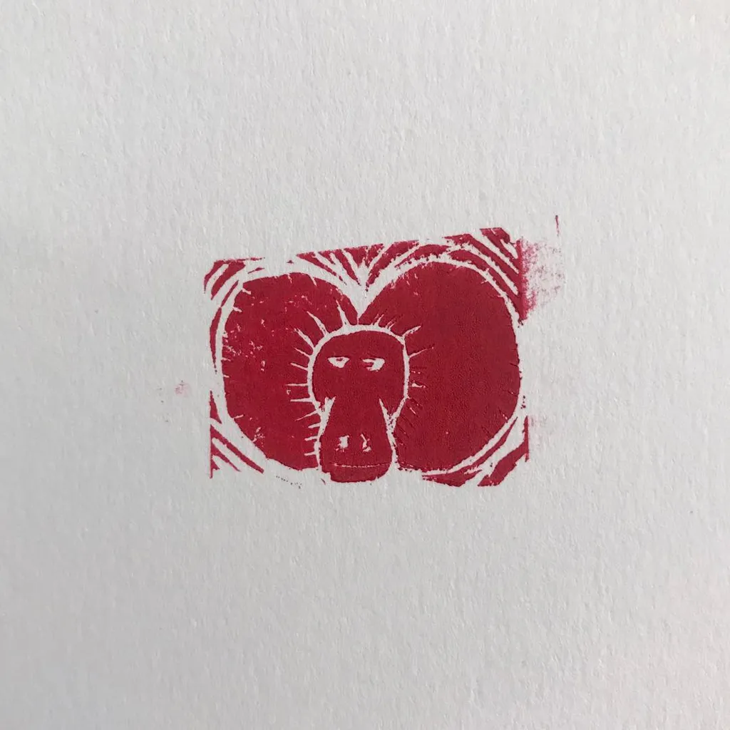 A stylized face composed of three overlapping, textured red shapes is centered on a white background, featuring rough, visible edges.