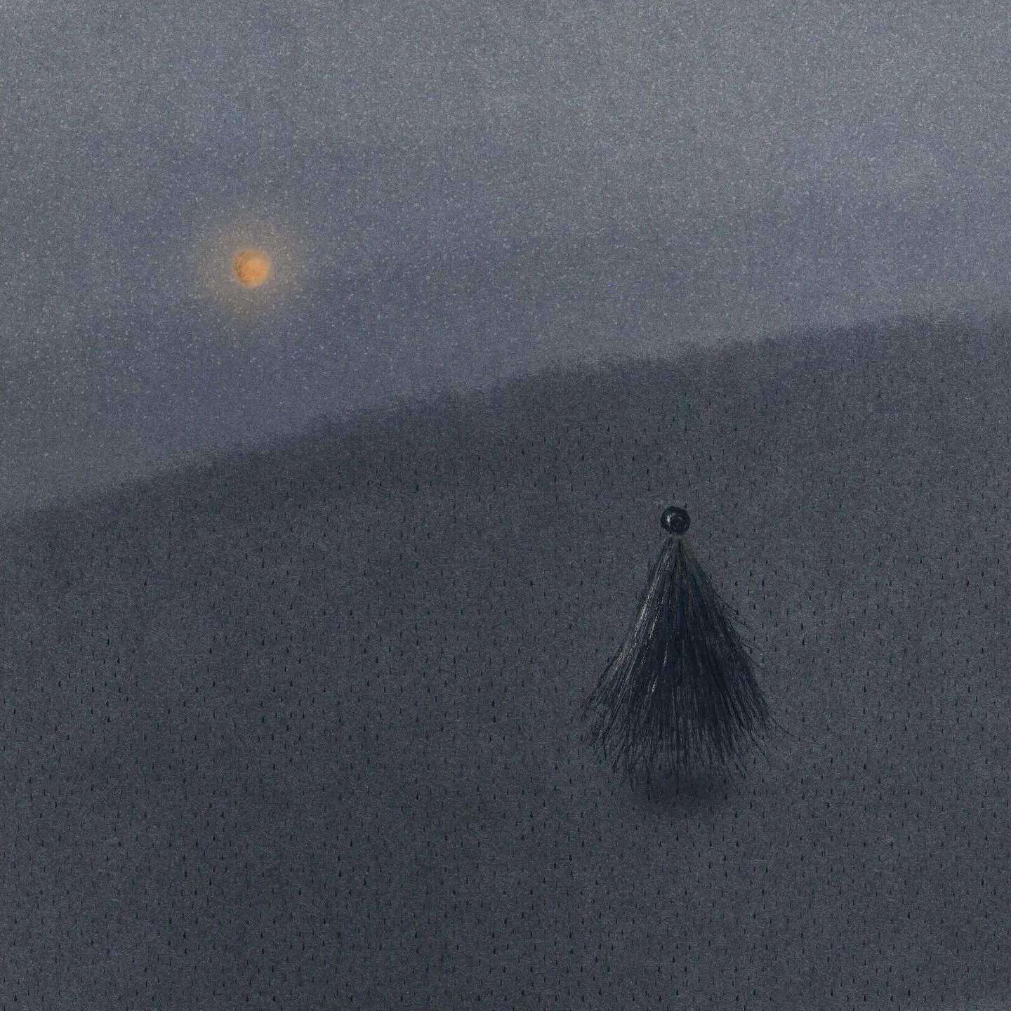 A hazy, muted gray and blue composition features a small yellow light source in the upper left and a dark, fringed tassel hanging in the lower right.