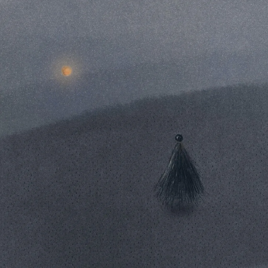 A hazy, muted gray and blue composition features a small yellow light source in the upper left and a dark, fringed tassel hanging in the lower right.