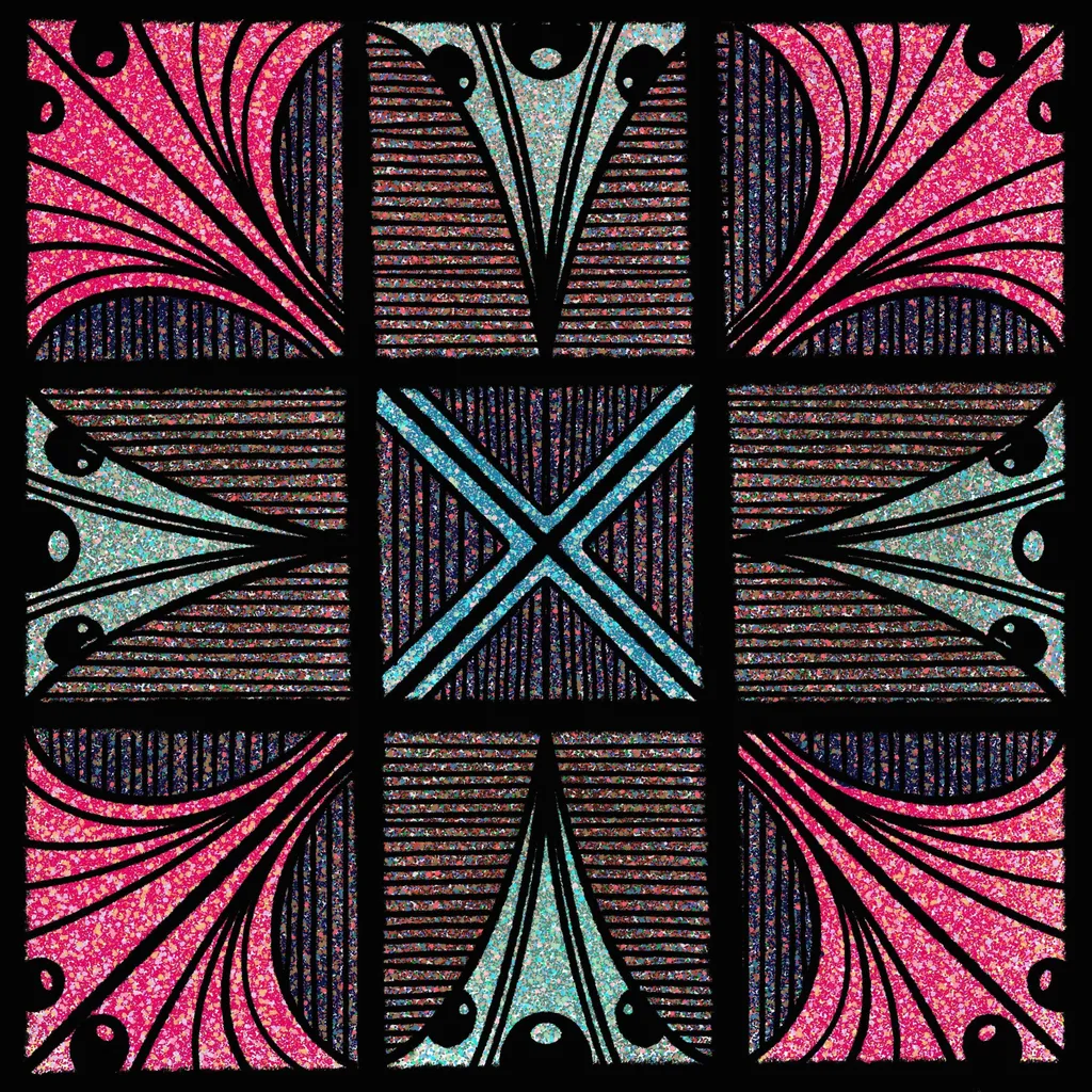 A nine-panel grid displays highly textured, symmetrical abstract designs using glittery magenta, black, and turquoise patterns that incorporate curved lines and geometric shapes.