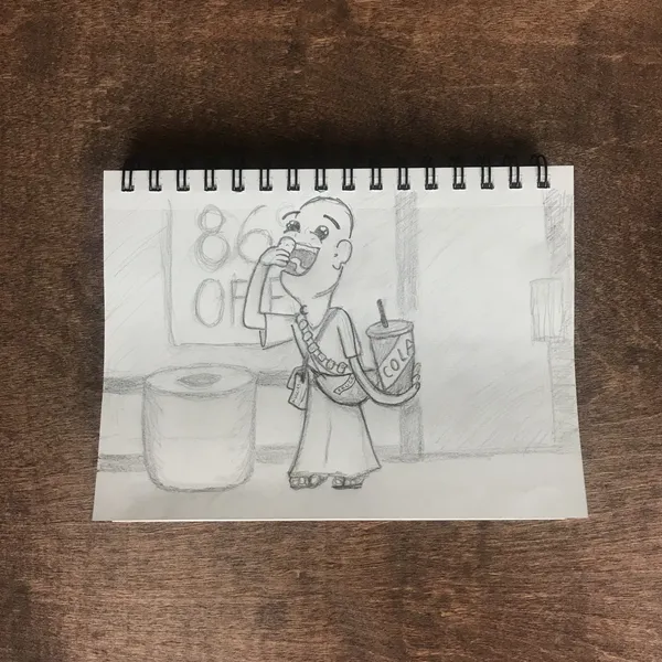 A sketchy black and white drawing depicts a cartoon man standing in a store setting, holding a drink and a napkin, with a trash can and a numbered counter visible behind him.