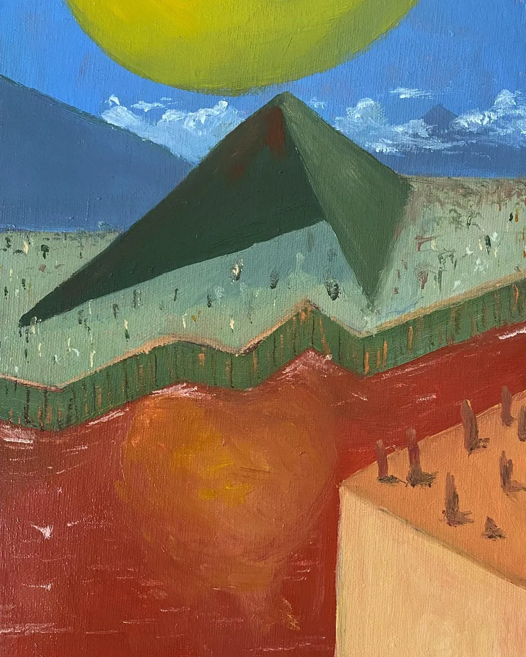 A stylized landscape features a dark green pyramid under a yellow circle in a blue sky, set above horizontal bands of light green, deep red, and tan with visible brushstrokes.