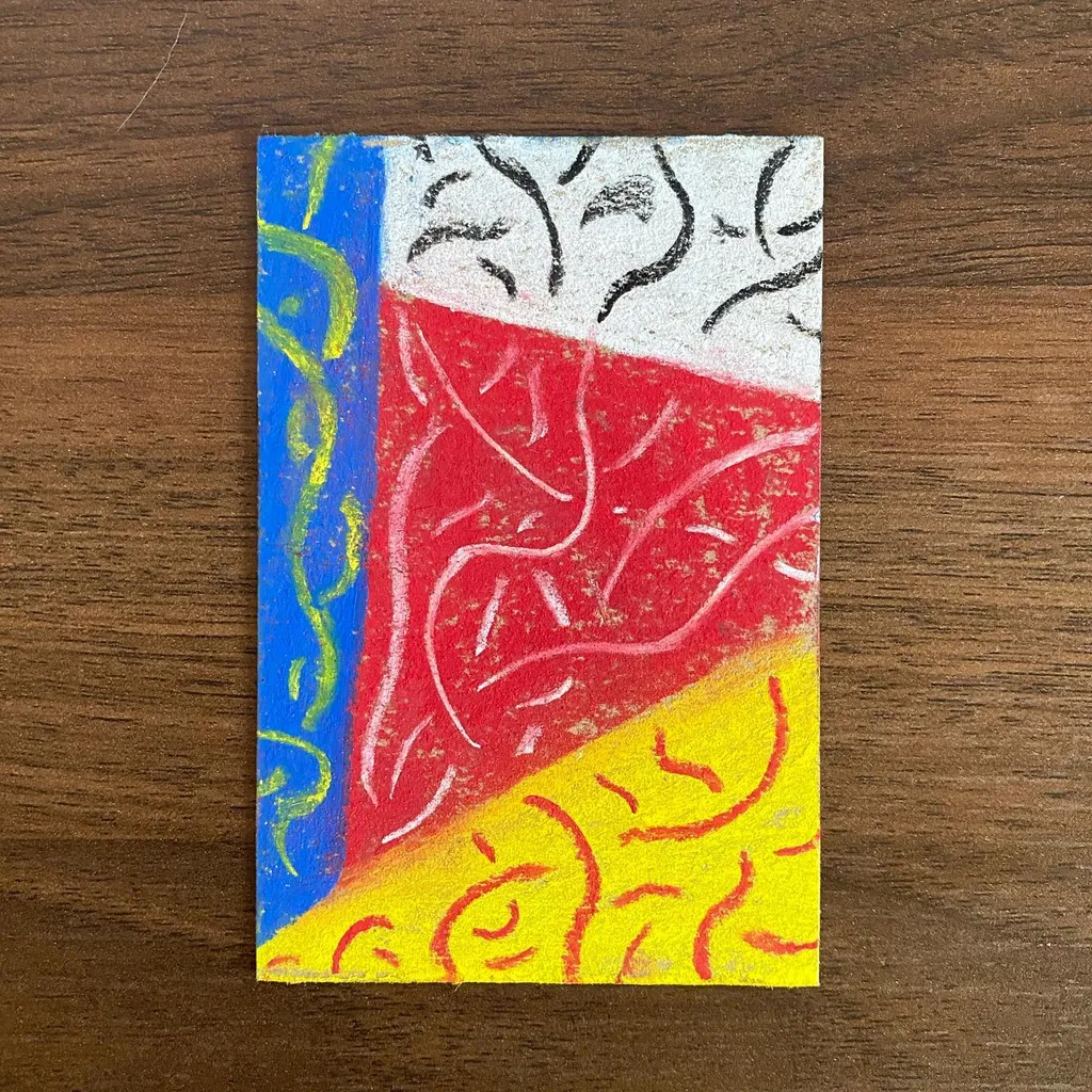 A square composition divided into colored sections: blue on the left, red in the center, and white and yellow on the right, featuring abstract scribbled lines and washes in blue, red, and yellow.