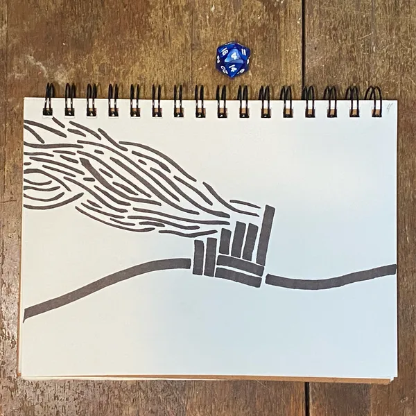 A black ink drawing on white paper shows wavy lines flowing into a path that is blocked by a barrier of vertical lines, with two blue dice resting on the page.