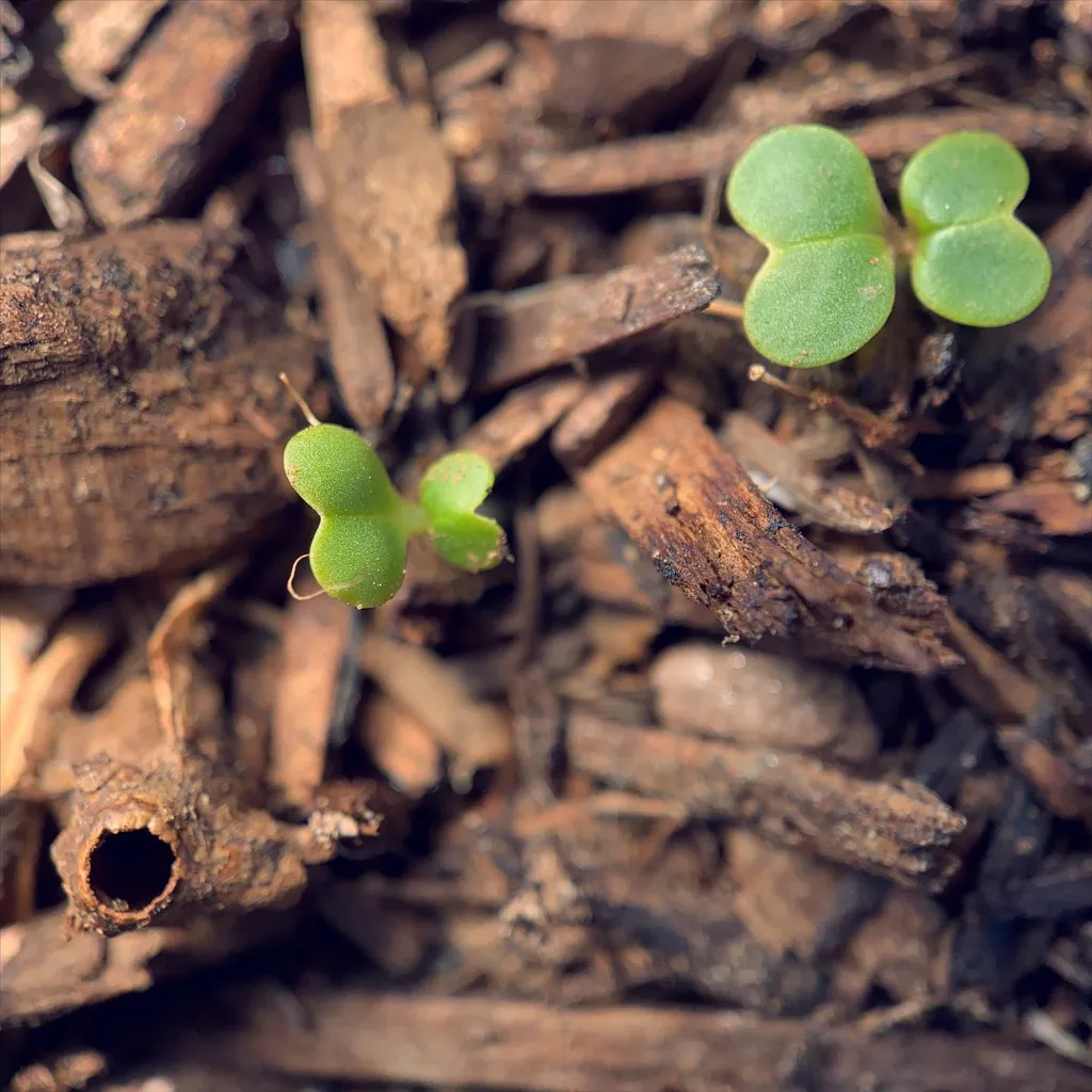 Two clusters of smooth, bright green sprouts emerge from a deeply textured background of dark, fragmented reddish-brown wood mulch, creating a contrast of color and form.