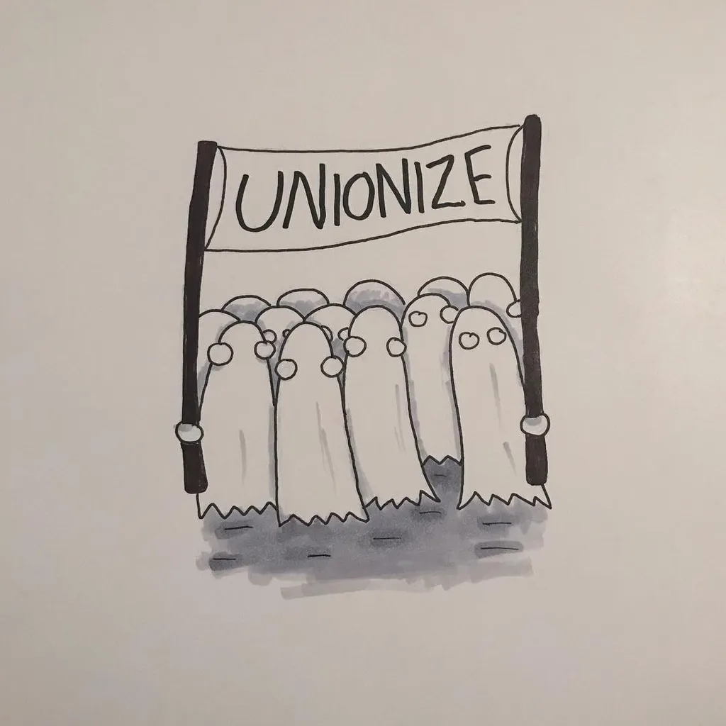 A drawing of a group of ghosts holding a banner that reads UNIONIZE, drawn in black ink with light gray and white washes.