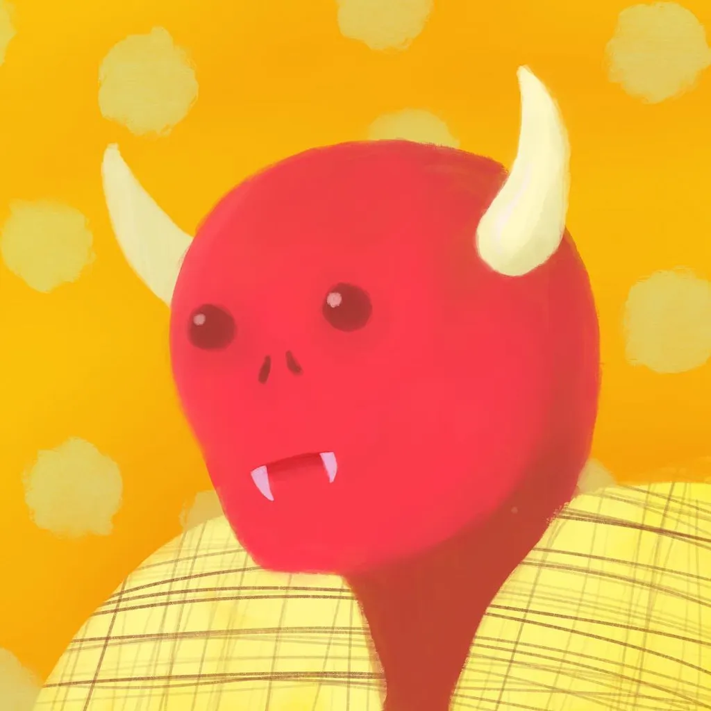A stylized red creature with small cream horns and visible teeth is positioned against a mustard yellow background dotted with large yellow circles, emerging from a striped yellow surface.