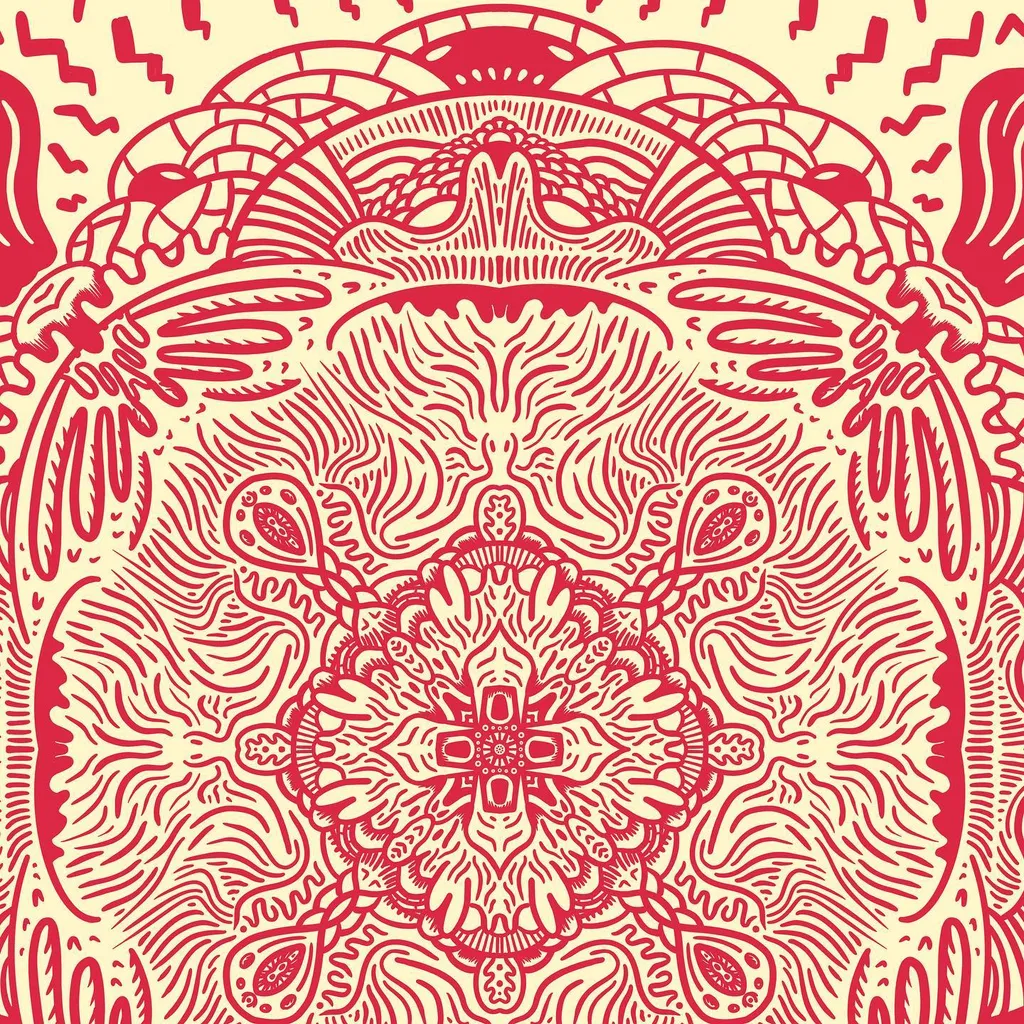 Intricate, symmetrical pattern in red and cream, featuring a central rosette surrounded by radiating swirls, wavy lines, and stylized geometric motifs across the composition.