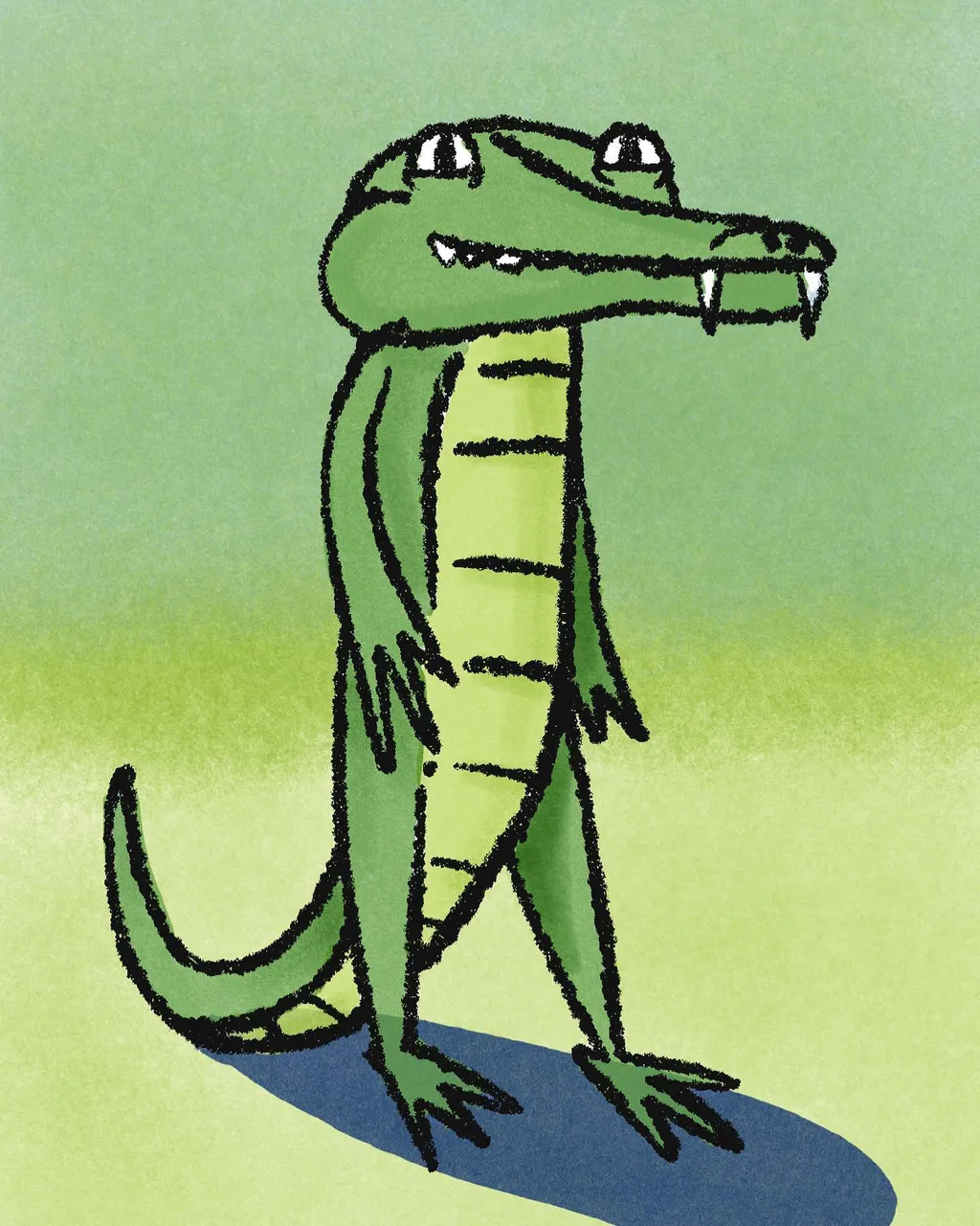 A stylized green crocodile stands upright on a lighter green background, featuring visible outlines, a long tail, and sharp teeth.