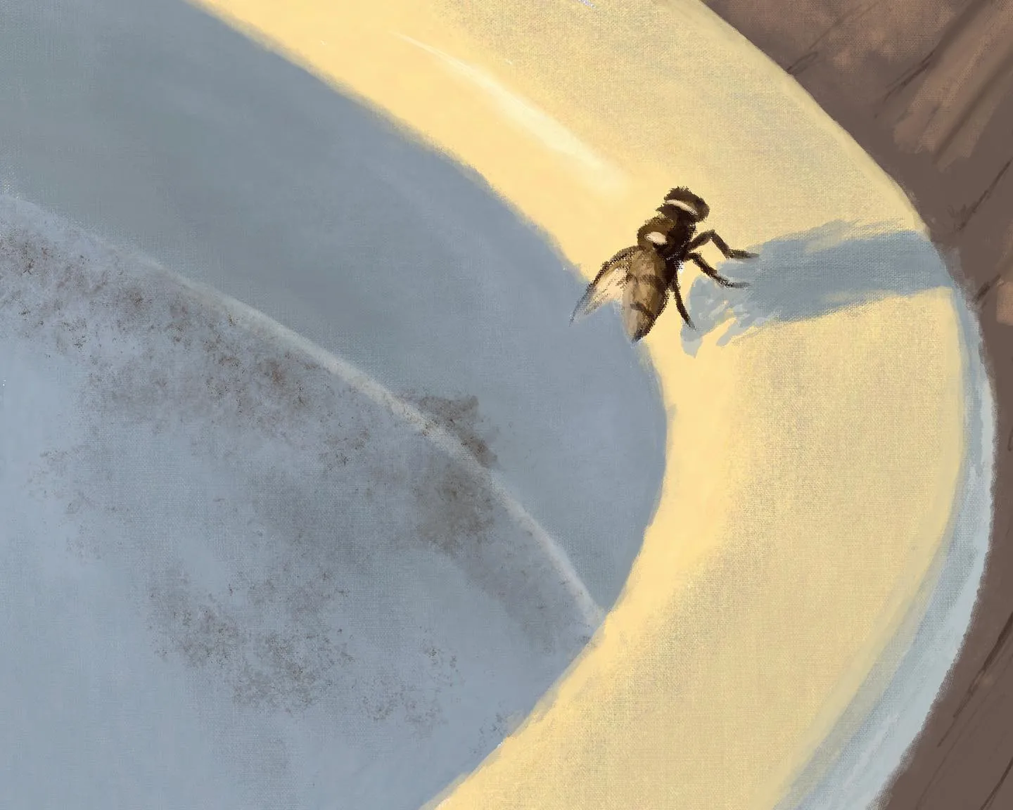 A dark insect sits on a sweeping curve that divides the composition into a speckled blue-gray field and a warm yellow-tan expanse.