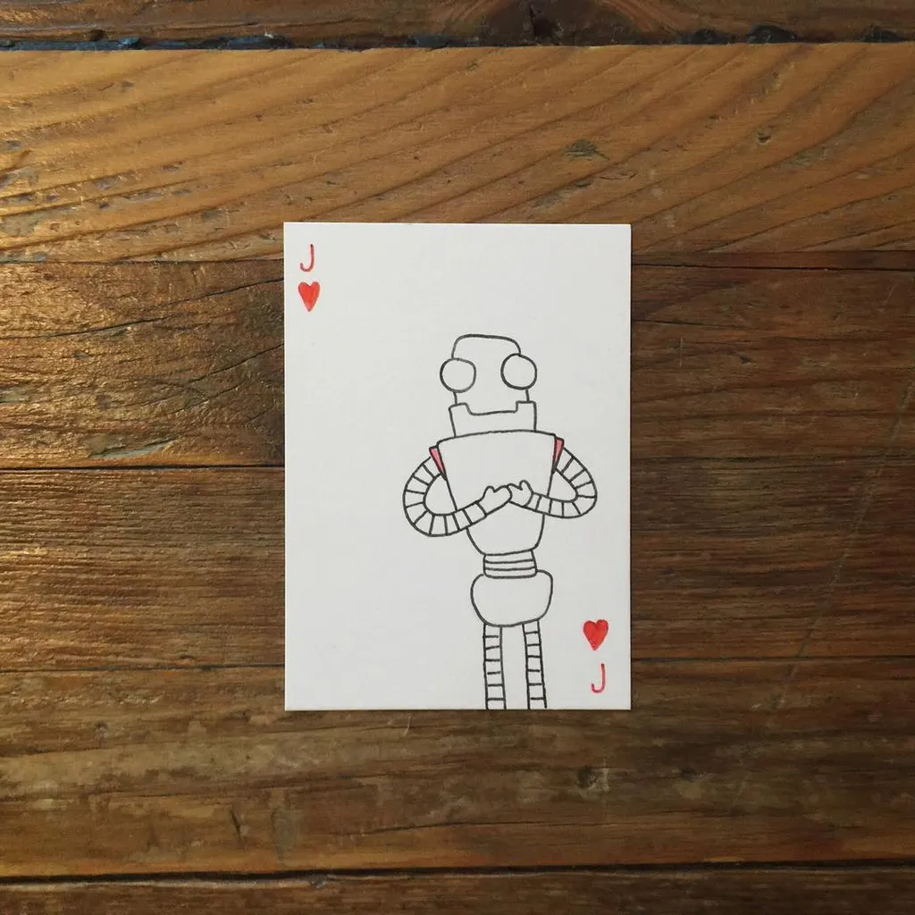 A black line drawing of a stylized robot figure centered on a white card, which is set against a wooden background and marked with the letter J and red hearts.