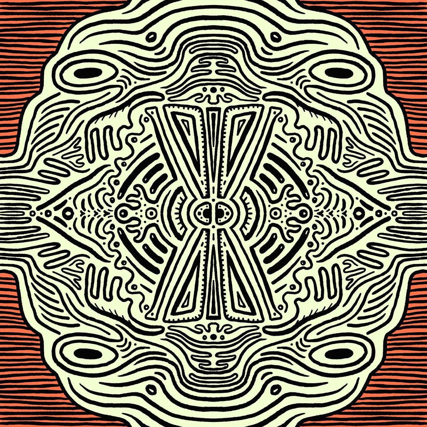 Symmetrical black and cream pattern on a striped reddish background, featuring a central geometric motif framed by two concentric rows of stylized, watchful eyes.
