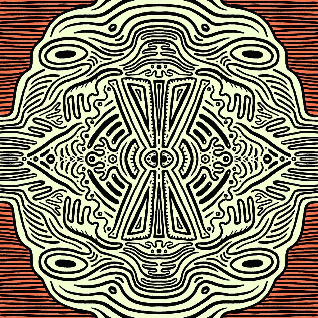 Symmetrical black and cream pattern on a striped reddish background, featuring a central geometric motif framed by two concentric rows of stylized, watchful eyes.