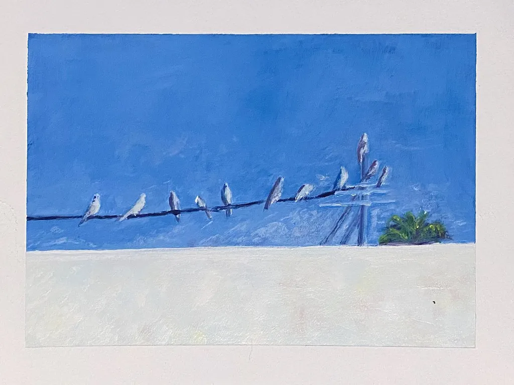 A horizontal composition featuring a deep blue sky above a white foreground, populated by a line of small dark birds and, on the right, dark vertical elements and green foliage.