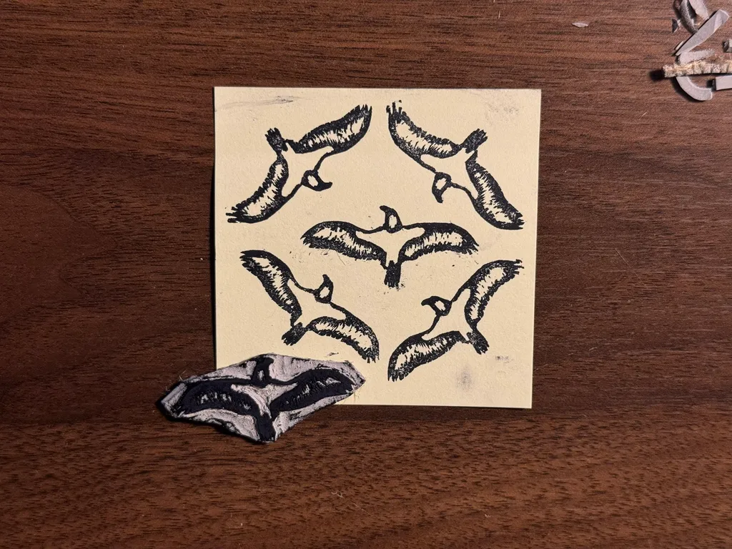 A light square paper displays seven black drawings of stylized winged figures, with a dark, irregular bone fragment placed below the drawing.