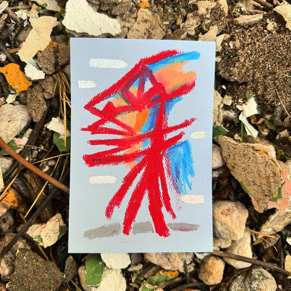 Abstract composition on light blue paper featuring bold, overlapping, gestural strokes of red, blue, and orange arranged in a dynamic, vertical pattern.