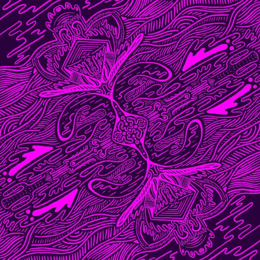 Stylized floral arrangement in bright magenta and deep purple, featuring two symmetrical flowers and a connecting stem, set against a dense background of swirling, intricate linear patterns.