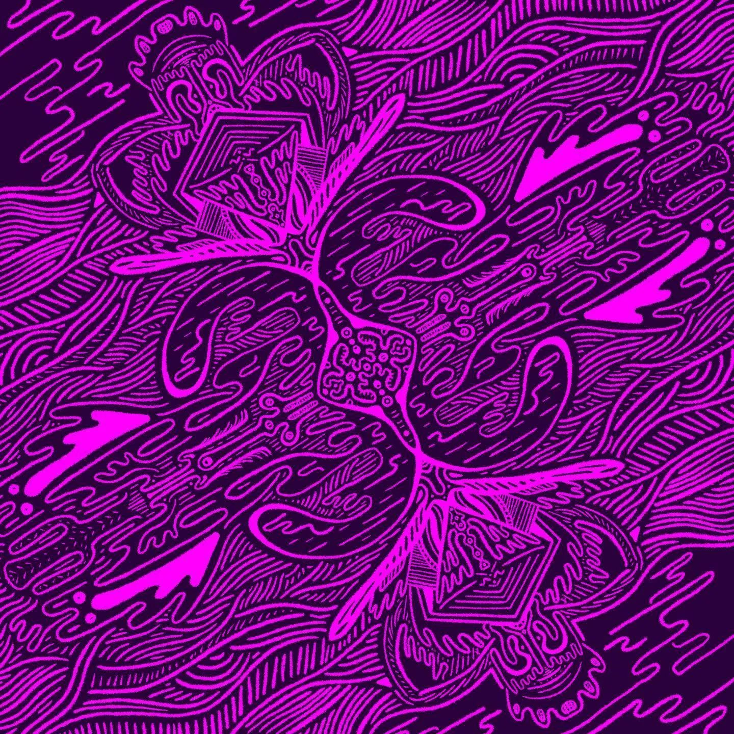Stylized floral arrangement in bright magenta and deep purple, featuring two symmetrical flowers and a connecting stem, set against a dense background of swirling, intricate linear patterns.