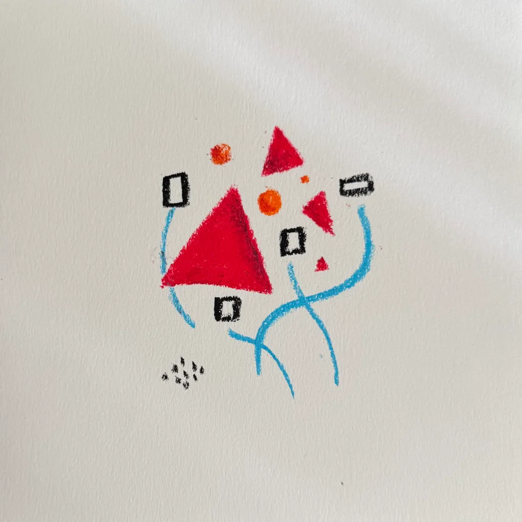 A cluster of abstract shapes featuring solid red triangles, small orange dots, and black outlined squares, connected by flowing blue curved lines.