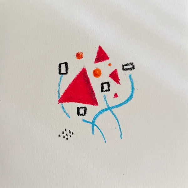 A cluster of abstract shapes featuring solid red triangles, small orange dots, and black outlined squares, connected by flowing blue curved lines.