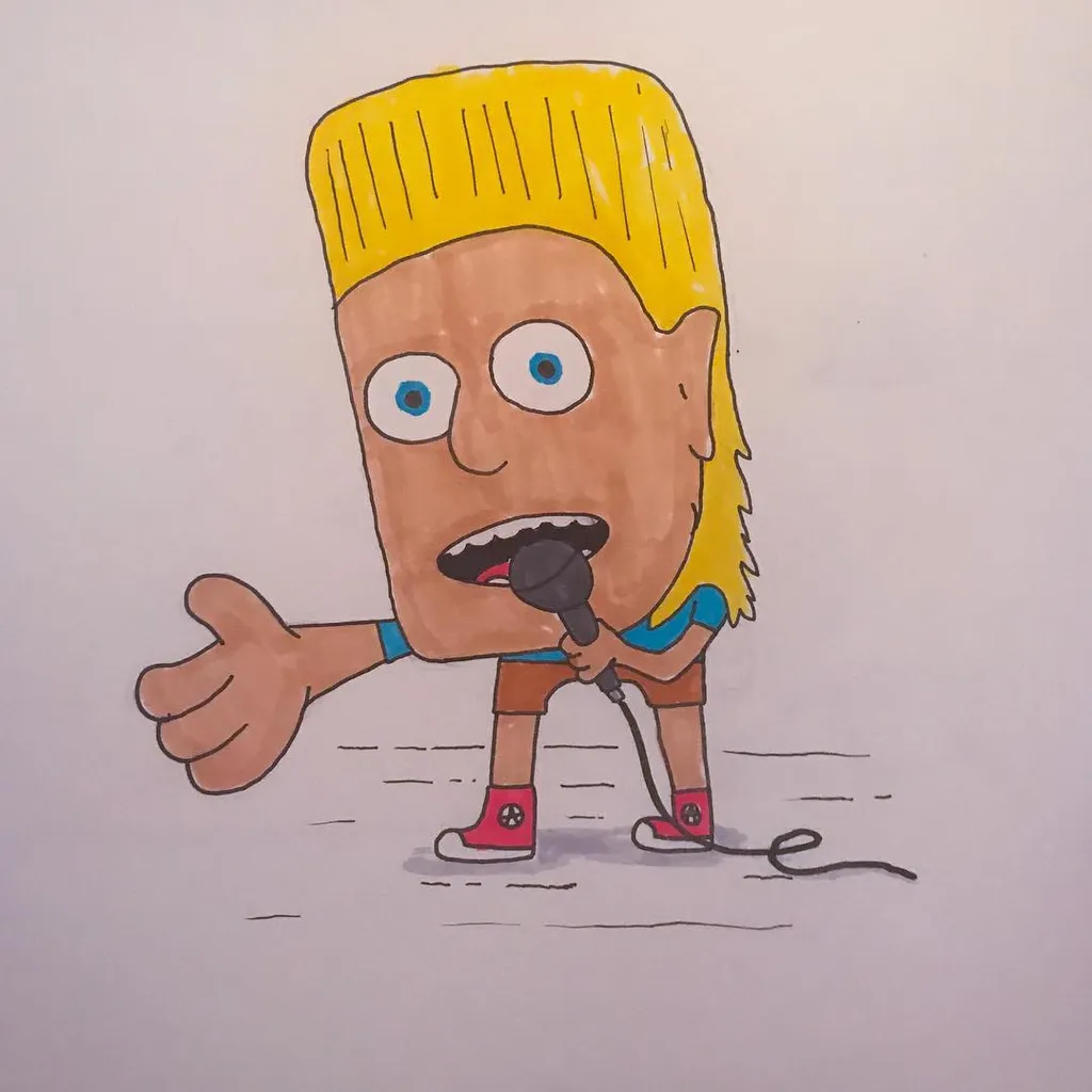 A cartoon drawing of a blonde figure with wide eyes, wearing a blue shirt, standing and holding a microphone while extending one hand in a gesture.