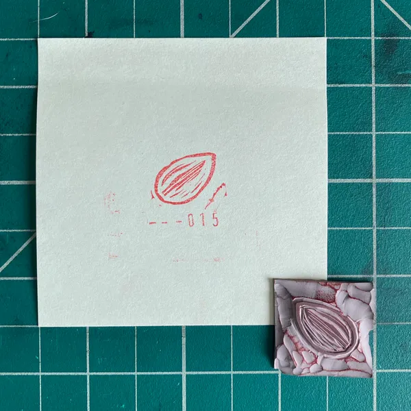 A white square on a teal grid holds a red pencil sketch of a curved leaf and the number --015, next to a small, textured piece of pink and red material showing a layered, curved form.