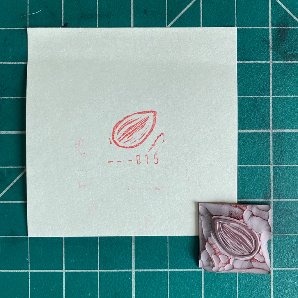A white square on a teal grid holds a red pencil sketch of a curved leaf and the number --015, next to a small, textured piece of pink and red material showing a layered, curved form.