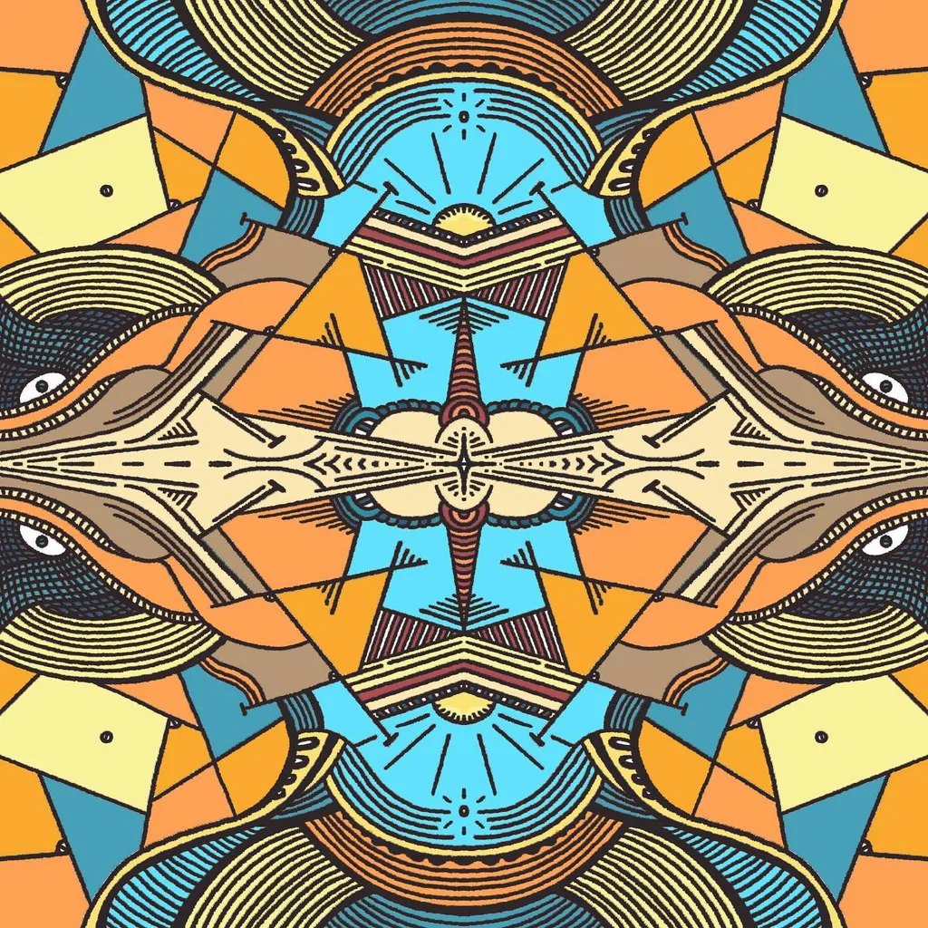 Highly symmetrical, abstract composition using geometric shapes and bold linework in blues, oranges, and yellows, centered around a radiating star motif flanked by two stylized eyes.