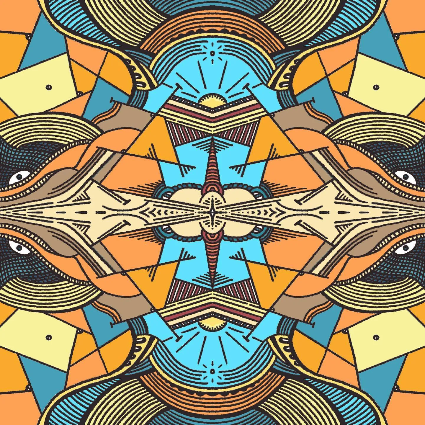 Highly symmetrical, abstract composition using geometric shapes and bold linework in blues, oranges, and yellows, centered around a radiating star motif flanked by two stylized eyes.