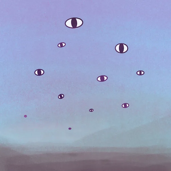 Scattered dark eyes of varying sizes are placed against a soft gradient background that transitions from light lavender at the top to muted blue-gray at the bottom.