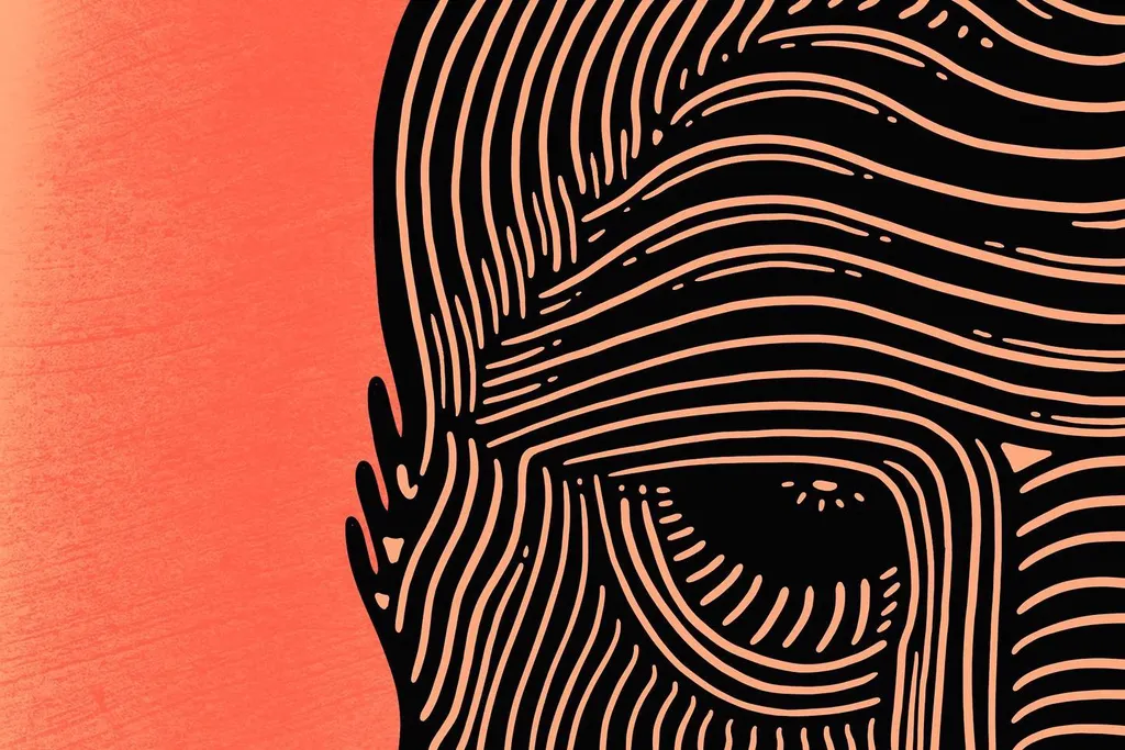 A graphic portrait featuring abstract eyes and facial contours rendered in black and peach lines, set against a solid coral vertical block.