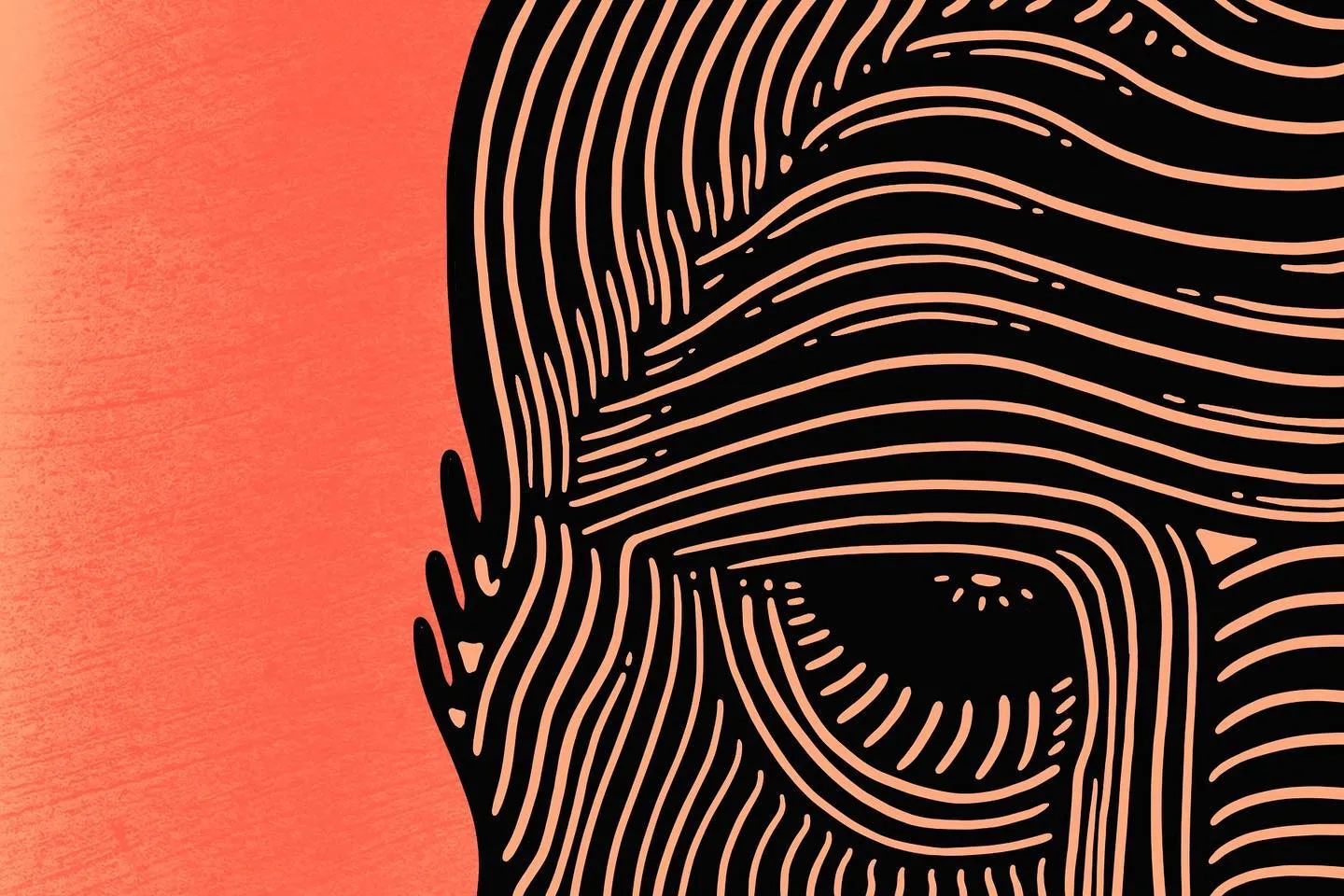A graphic portrait featuring abstract eyes and facial contours rendered in black and peach lines, set against a solid coral vertical block.