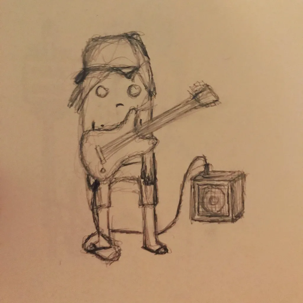 A sketch featuring a stylized figure with large eyes and a hat, playing a guitar that extends toward a small, square speaker box on the ground.