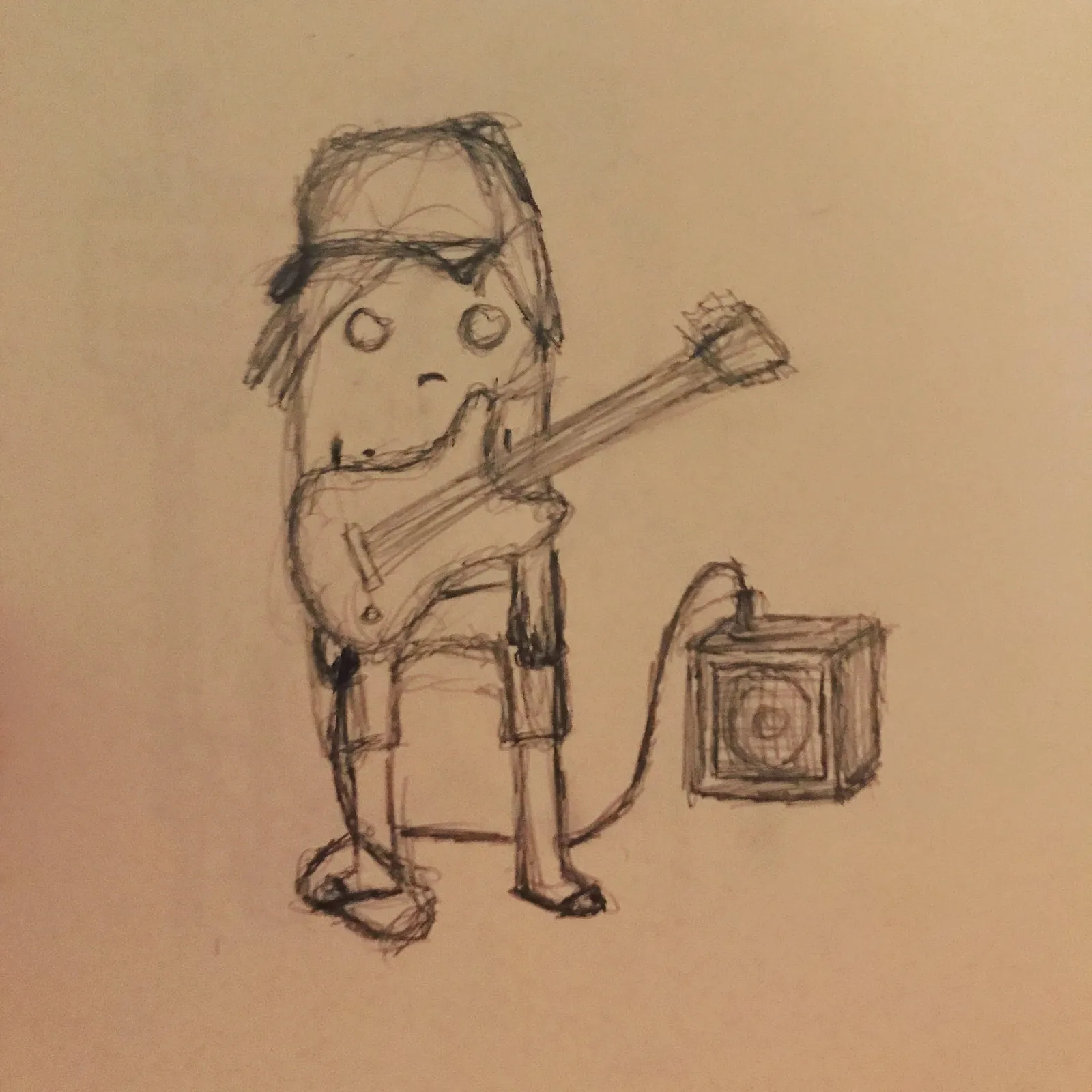 A sketch featuring a stylized figure with large eyes and a hat, playing a guitar that extends toward a small, square speaker box on the ground.