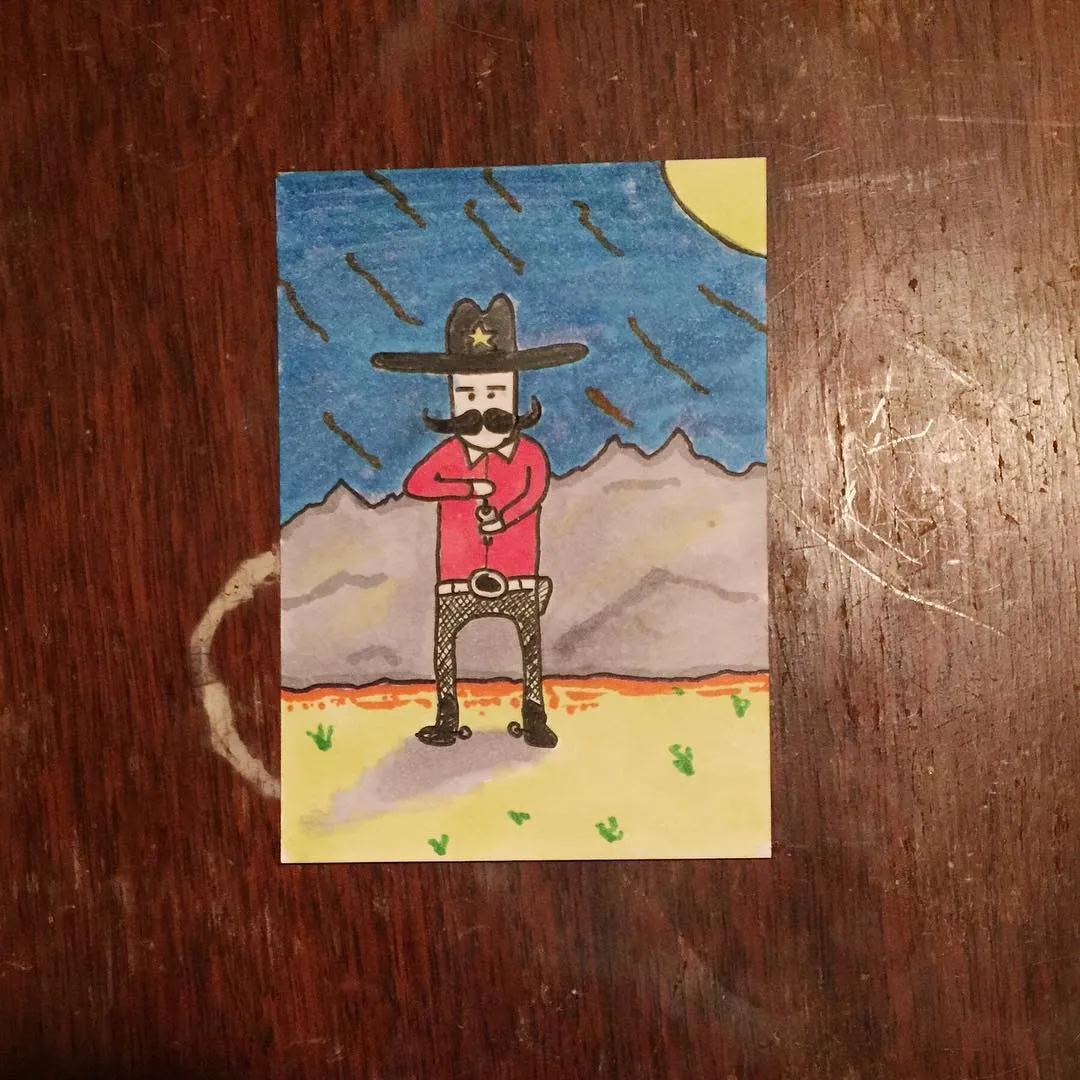 A stylized cowboy with a mustache and star-adorned hat stands in front of blue, rain-streaked mountains and a yellow sun, wearing a red shirt and patterned pants.