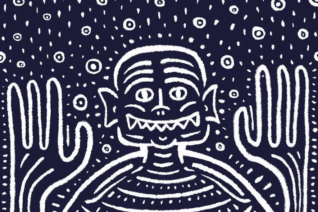 A symmetrical, white figure with horizontal lines and a wide mouth is centered against a dark background dotted with white circles, flanked by two large, curved hands.